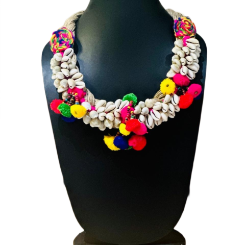 Boho Cowrie Shell & Pom-Pom Statement Necklace