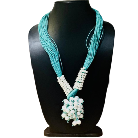 Aqua Pearl Cluster Jute Necklace