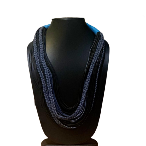xHandcrafted multi layer braided cord statement necklace in black and grey