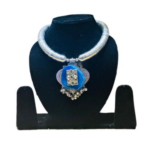 silver tone choker necklace with blue stone pendant oxidised tribal jewelry