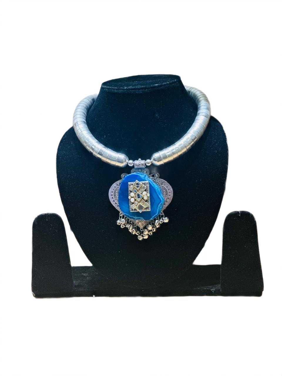 silver tone choker necklace with blue stone pendant oxidised tribal jewelry