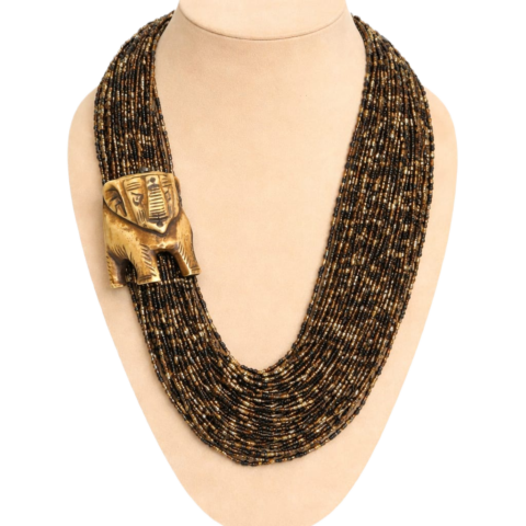 multi strand brown bead necklace with elephant motif ethnic boho jewelry for women