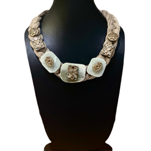 handcrafted cotton rope statement necklace with stone and metal detailing for women