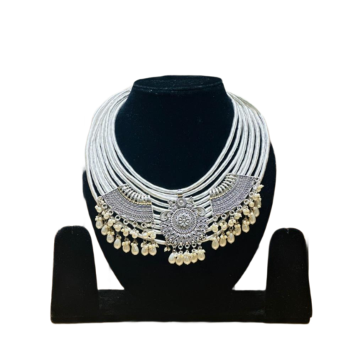 white thread oxidised silver statement necklace with pearl drops for w