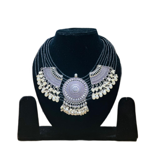 black thread oxidised silver statement necklace with pearl drops for women tribal jewellery