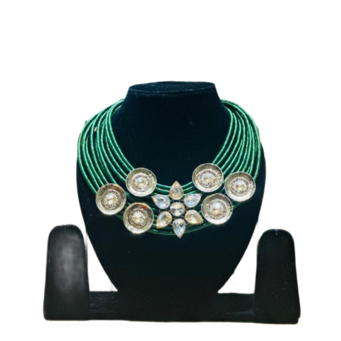 green thread layered statement necklace with crystal and coin design for women festive jewellery