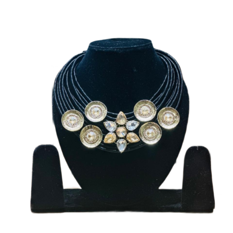 black thread layered statement necklace with crystal and coin design for women