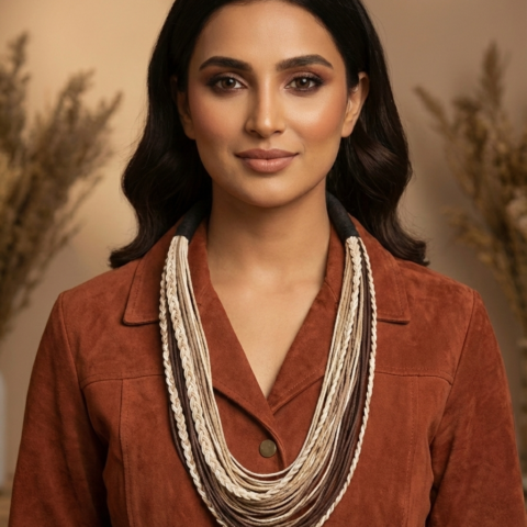 Handcrafted multi layer thread statement necklace in earth tones