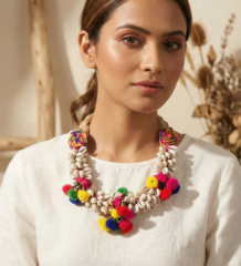 Boho Cowrie Shell & Pom-Pom Statement Necklace