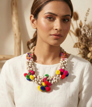 Boho Cowrie Shell & Pom-Pom Statement Necklace