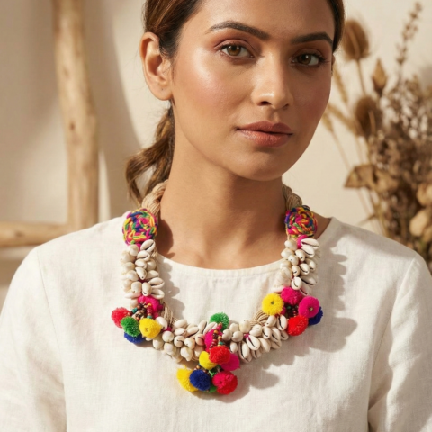 Boho Cowrie Shell & Pom-Pom Statement Necklace