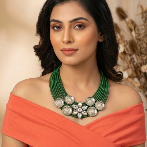 Handcrafted emerald green multi strand statement choker necklace