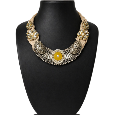 Handcrafted ethnic choker necklace with yellow accent stone