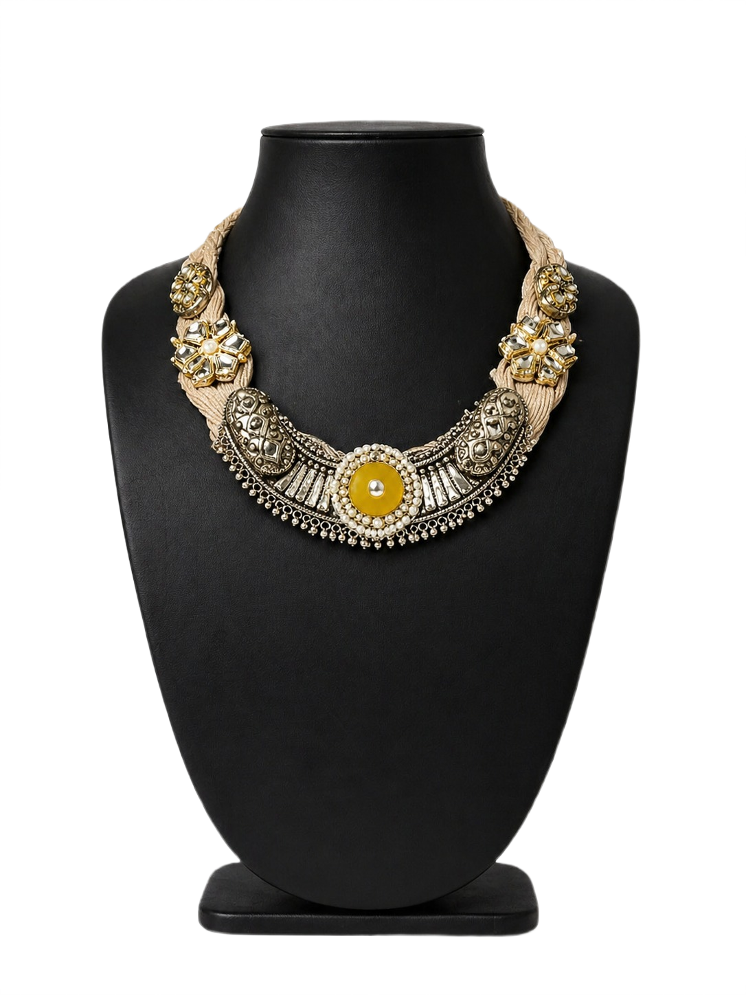 Handcrafted ethnic choker necklace with yellow accent stone