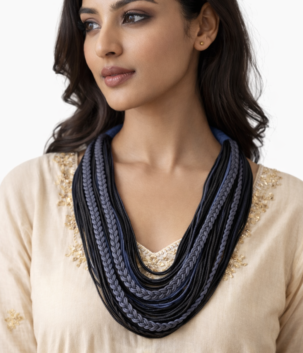 Handcrafted multi layer braided cord statement necklace in black and grey