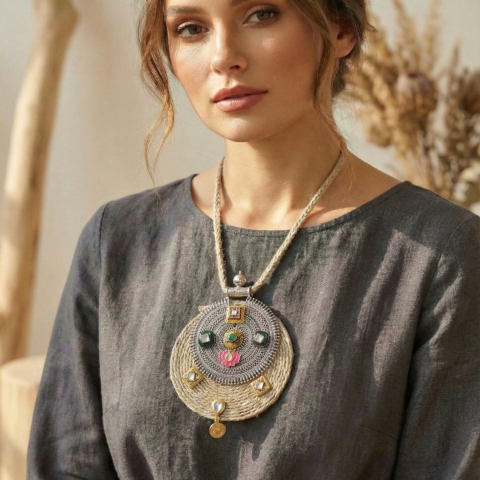 Handcrafted statement pendant necklace with stone detailing and artisan design