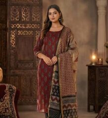Women rust red printed suit set with traditional dupatta