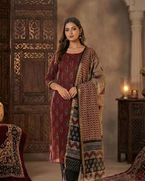 Women rust red printed suit set with traditional dupatta