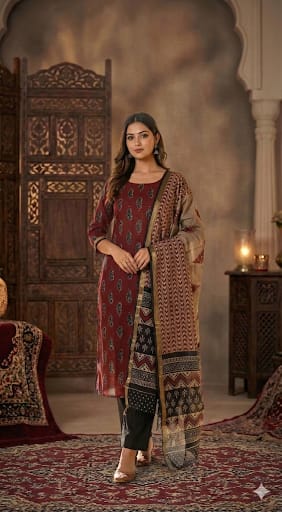 Women rust red printed suit set with traditional dupatta