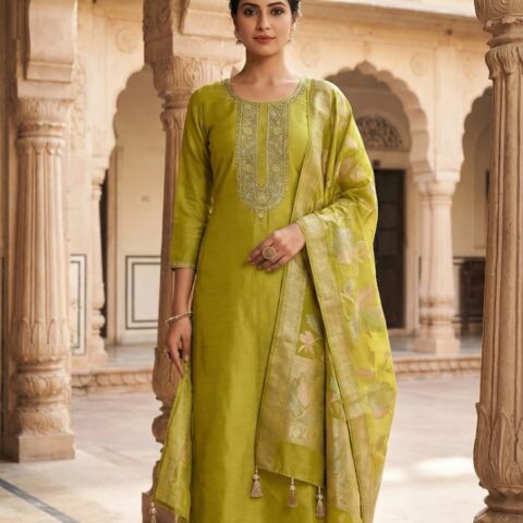 Women lime green embroidered suit set with dupatta for festive wear