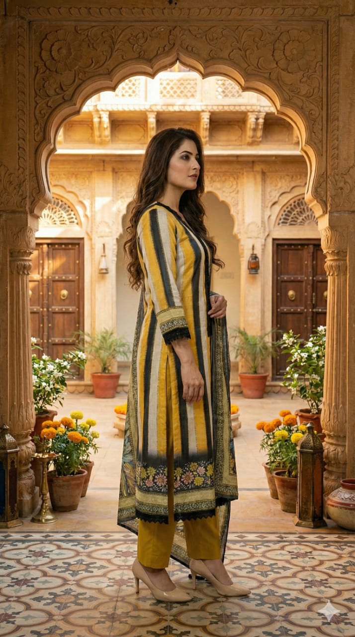 Women’s Striped Cotton Suit Set with Lace Detail & Digital Print Dupatta - Image 3