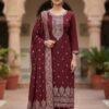 Women maroon embroidered suit set with woven dupatta for wedding wear