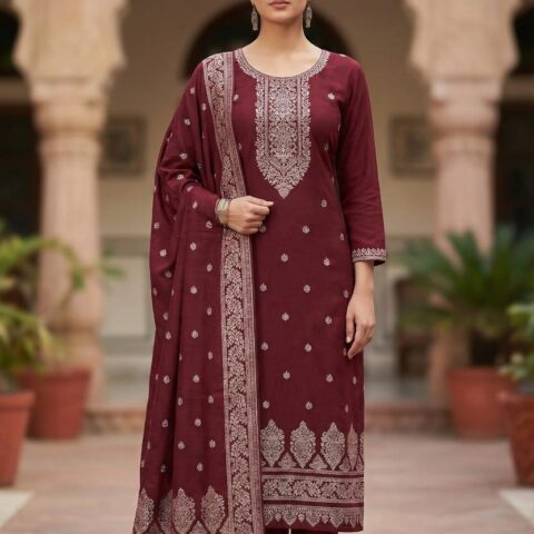 Women maroon embroidered suit set with woven dupatta for wedding wear