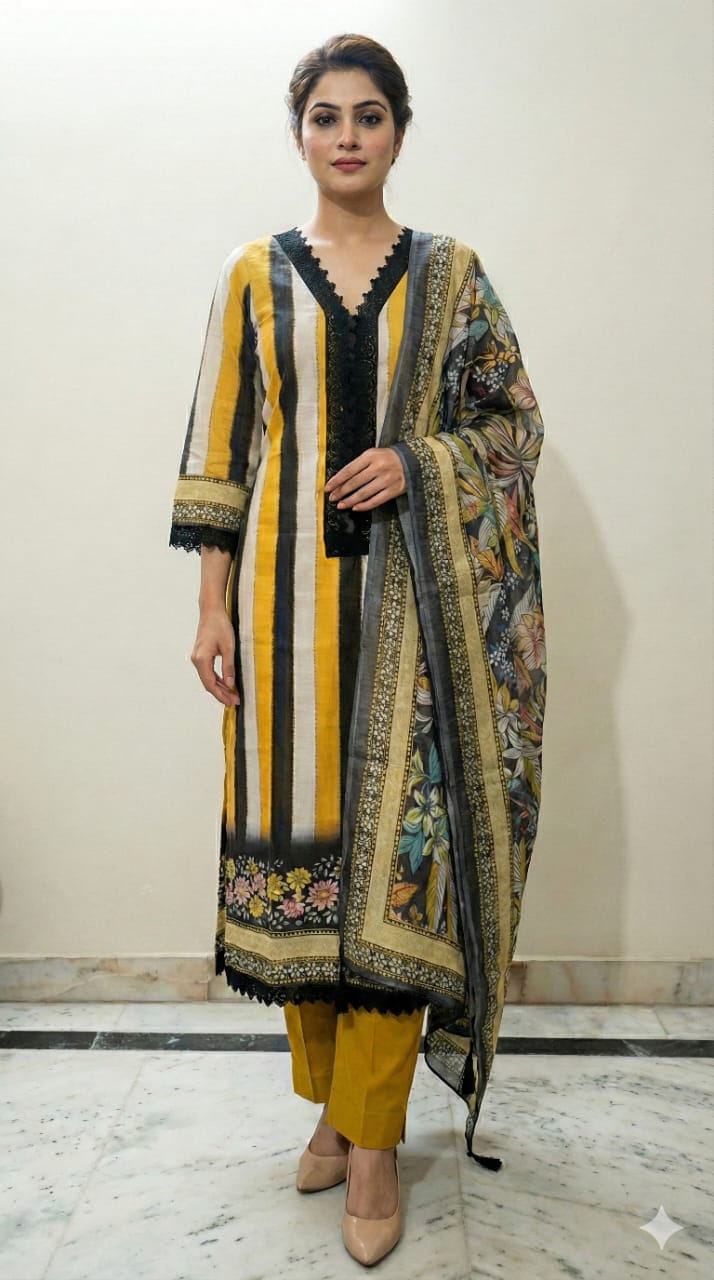 Women’s Striped Cotton Suit Set with Lace Detail & Digital Print Dupatta - Image 2
