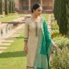 Women beige cotton linen suit set with green woven dupatta
