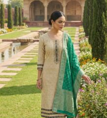 Women beige cotton linen suit set with green woven dupatta