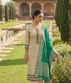 Women beige cotton linen suit set with green woven dupatta