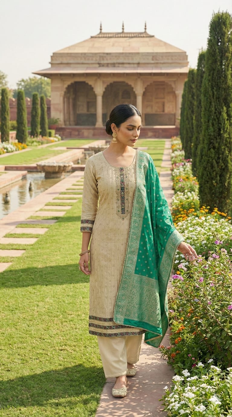 Women beige cotton linen suit set with green woven dupatta