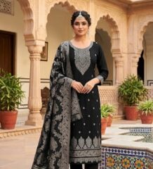 Women black embroidered suit set with woven dupatta for festive wear
