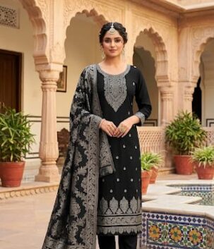 Women black embroidered suit set with woven dupatta for festive wear