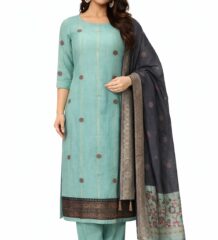 Women aqua cotton linen suit set with woven dupatta