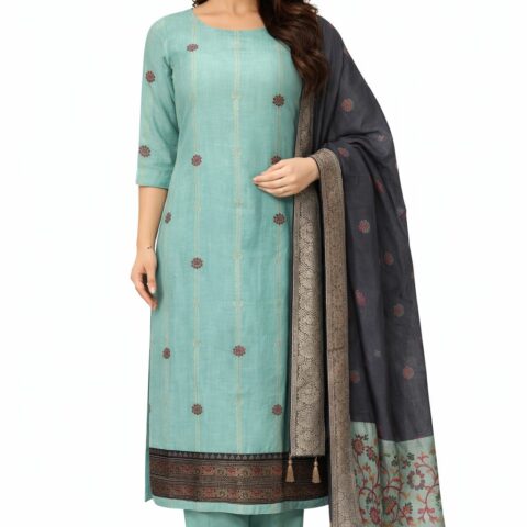 Women aqua cotton linen suit set with woven dupatta