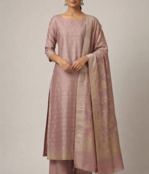 Women dusty rose woven silk-blend suit set with dupatta for festive wear