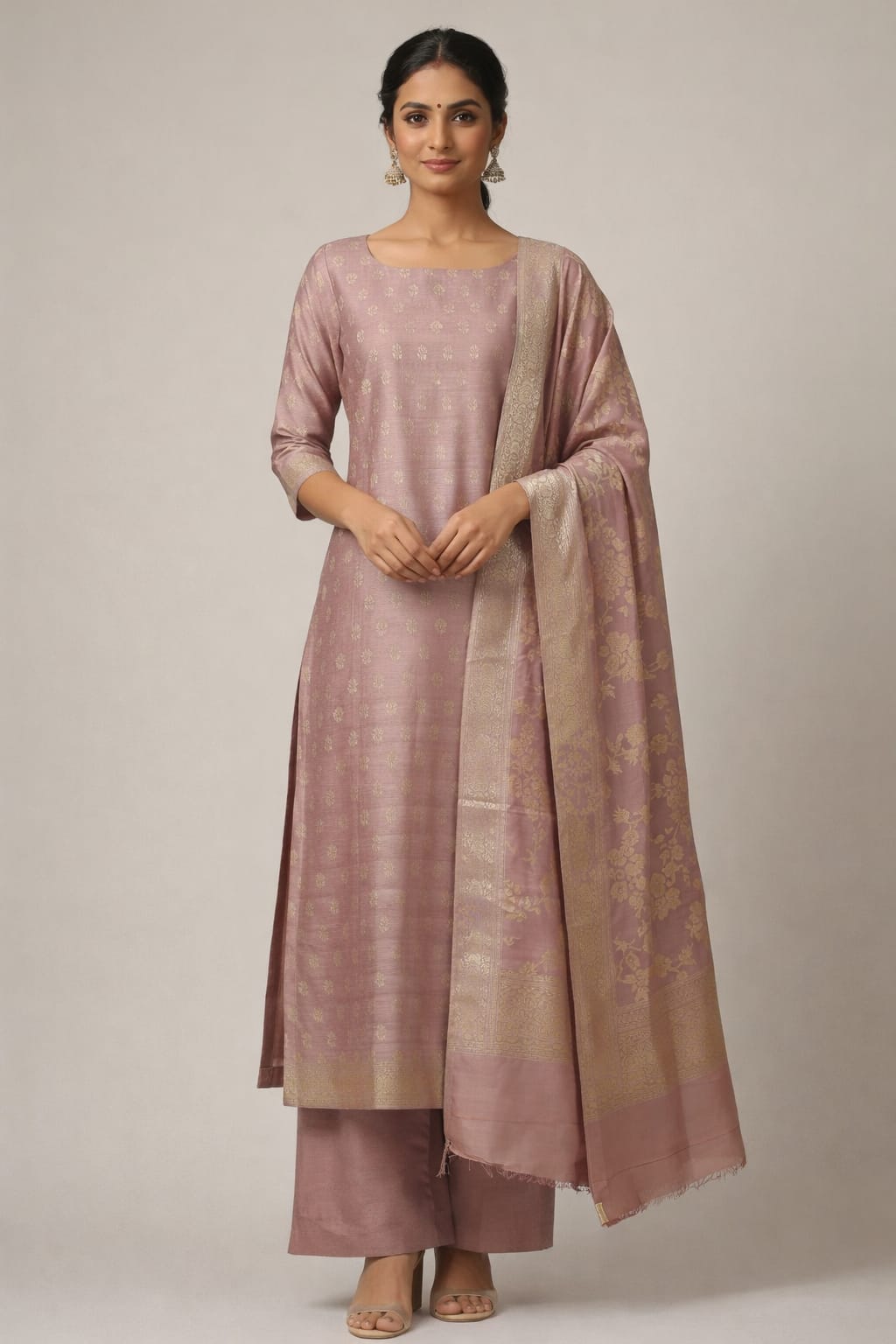 Women dusty rose woven silk-blend suit set with dupatta for festive wear