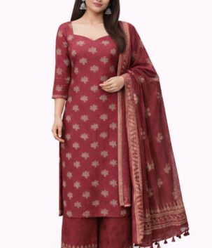 Women maroon cotton Bagru print suit set with dupatta