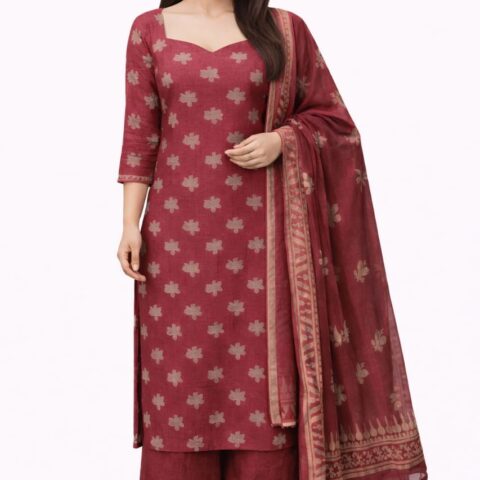 Women maroon cotton Bagru print suit set with dupatta