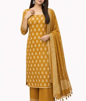 Women mustard cotton Bagru print suit set with dupatta