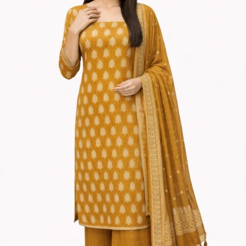 Women mustard cotton Bagru print suit set with dupatta
