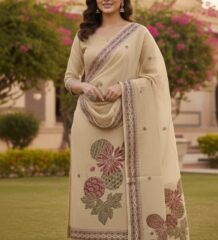 Women beige cotton linen printed suit set with dupatta