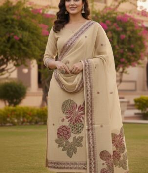 Women beige cotton linen printed suit set with dupatta