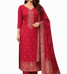 Women maroon woollen suit set with embroidered neck and dupatta
