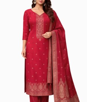 Women maroon woollen suit set with embroidered neck and dupatta