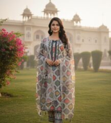 Women multicolor cotton printed kurta set with dupatta