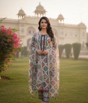 Women multicolor cotton printed kurta set with dupatta