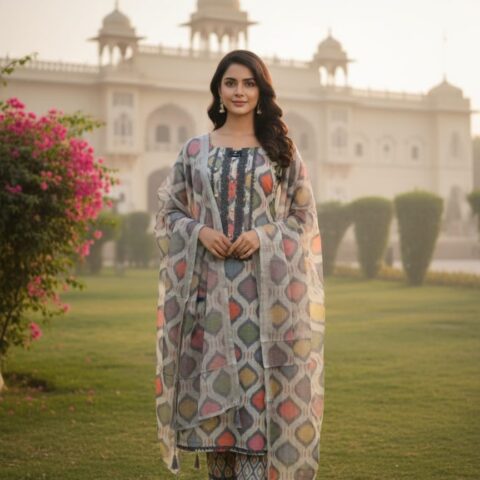 Women multicolor cotton printed kurta set with dupatta