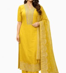 Women mustard pure silk suit set with embroidered neck and Banarasi dupatta